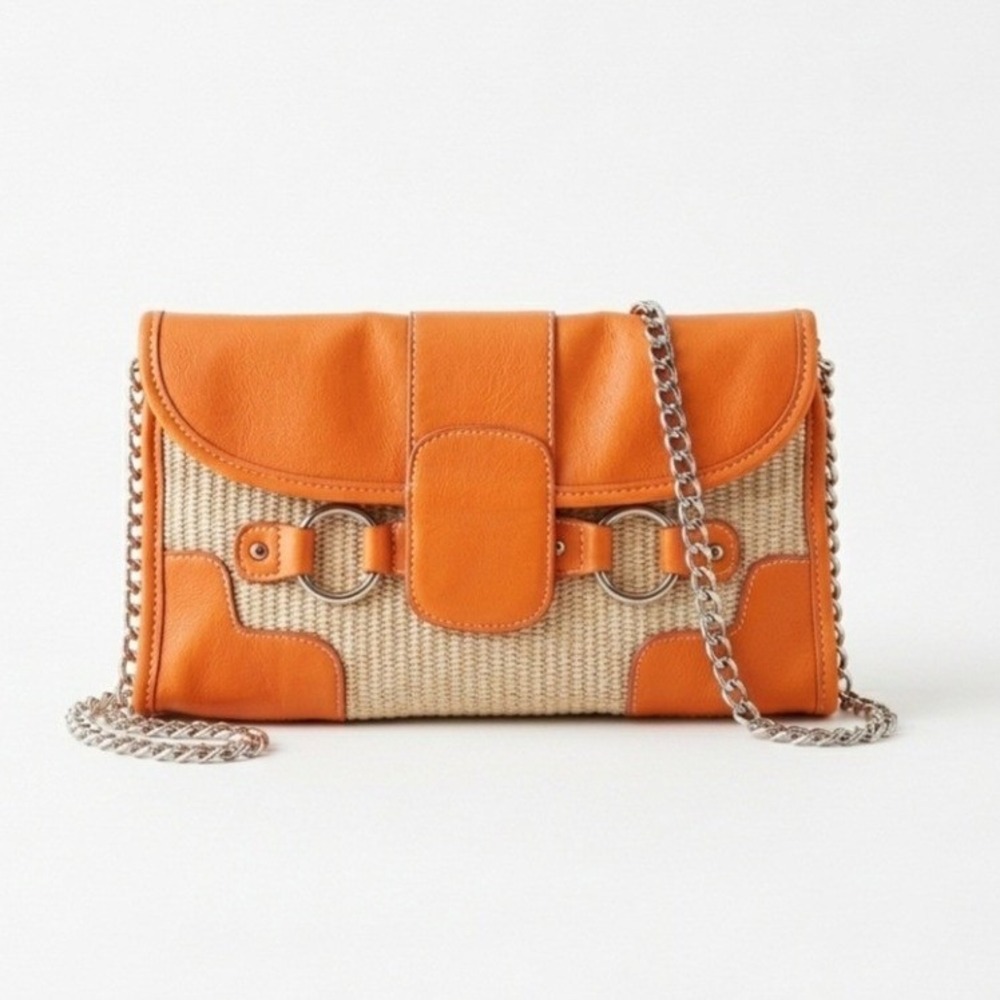 Woven Straw Chain & Faux Leather Envelope Clutch Shoulder Bag Chain Strap Raffia